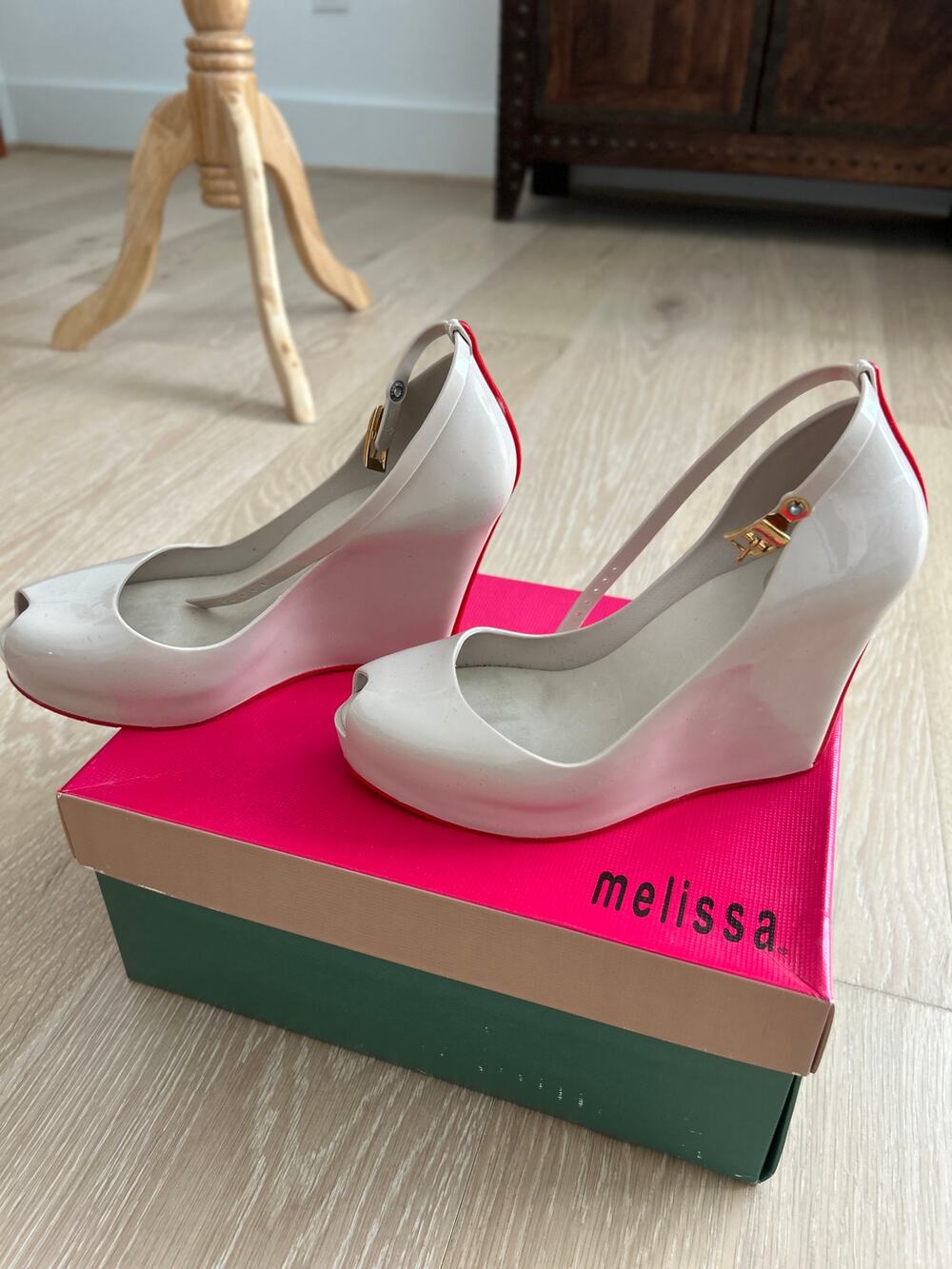 Melissa Patchuli Jelly Platform Wedge Heels Cream Red Size 6 Retro Boxed